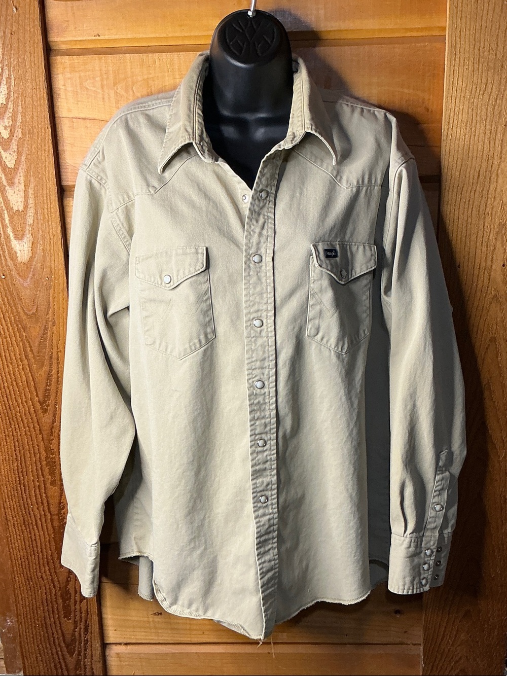 Vintage Wrangler Cowboy Cut Western Snap Shirt Tan Khaki Mens 18x36 (2XL TALL)